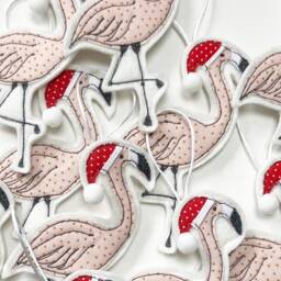 Flamingo Christmas Decoration, Ornament, Tree, Hanging Santa Hat, Pom Pom, Pink, Fabric, Embroidery Art, Cornwall - thumbnail 2