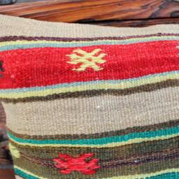 4060cm - 1624In Rectangle Vintage Handwoven Kilim Cushion Cover Striped Shades Of Green & Red - thumbnail 2