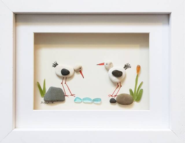 Oystercatchers - Pebble Art & Sea Glass Picture Framed Handmade Wall Decor - image 1