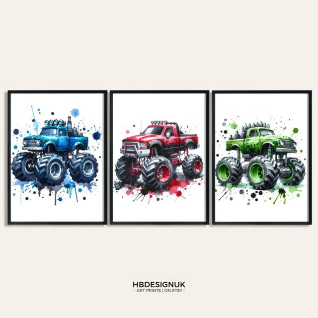 Monster Truck Print Set - 3 Watercolour Posters - Boys Bedroom Artwork Car Wall Art Prints Red, Blue, Green Room Home Decor Picture - image 1