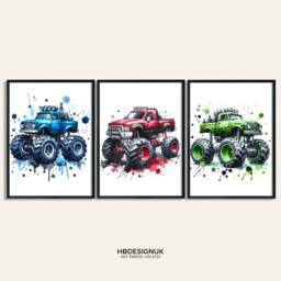 Monster Truck Print Set - 3 Watercolour Posters - Boys Bedroom Artwork Car Wall Art Prints Red, Blue, Green Room Home Decor Picture - thumbnail 1