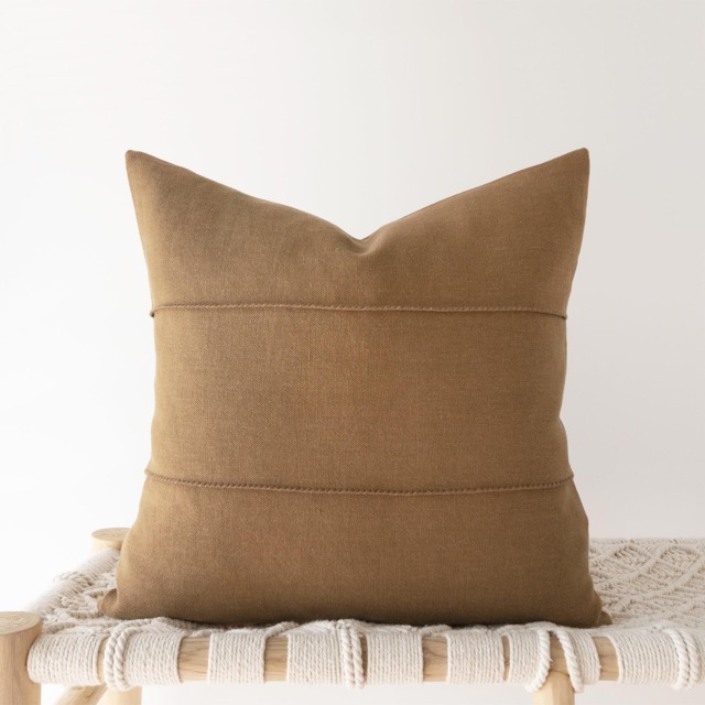 Caramel Brown Linen Pillow Cover With Hand-stitched Details - Earthy Decorative Cushion - image 1