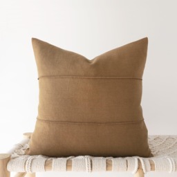 Caramel Brown Linen Pillow Cover With Hand-stitched Details - Earthy Decorative Cushion - thumbnail 1