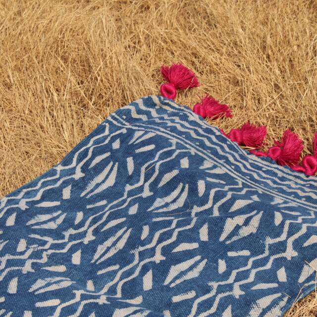 Handwoven Indigo Rug Traditional Indian Cotton Rug With Pink Pom-Poms - 2x3 Ft - image 1
