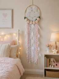 Dreamcatcher, Paper Chrysanthemum Flowers, Delicate Yarn Feather Dreamcatcher Wall Hanging, Nursery Boho - thumbnail 1