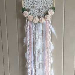 Dreamcatcher, Paper Chrysanthemum Flowers, Delicate Yarn Feather Dreamcatcher Wall Hanging, Nursery Boho - thumbnail 3