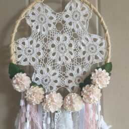 Dreamcatcher, Paper Chrysanthemum Flowers, Delicate Yarn Feather Dreamcatcher Wall Hanging, Nursery Boho - thumbnail 2