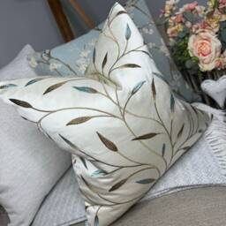 Farmhouse Cushion Cover, Decorative Pillow Cover Case, Embroidered Leaf Case - Natural Duck Egg Double Sided Scatter - thumbnail 1