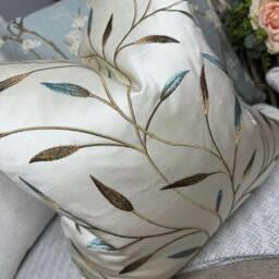 Farmhouse Cushion Cover, Decorative Pillow Cover Case, Embroidered Leaf Case - Natural Duck Egg Double Sided Scatter - thumbnail 2