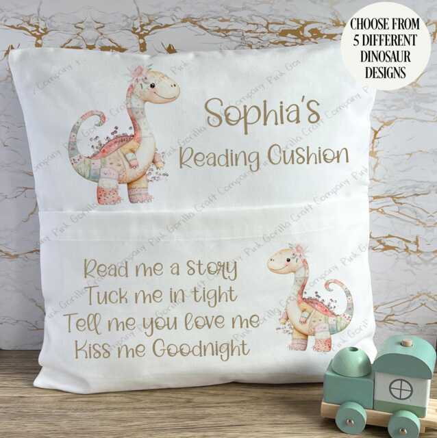 Personalised Cushion, Pocket Book Holder, Girls Dinosaur Gift, Patchwork Dinosaur, Boys - image 1