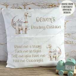 Personalised Cushion, Pocket Book Holder, Girls Dinosaur Gift, Patchwork Dinosaur, Boys - thumbnail 2