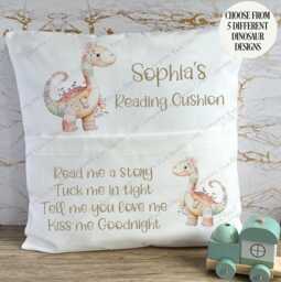 Personalised Cushion, Pocket Book Holder, Girls Dinosaur Gift, Patchwork Dinosaur, Boys - thumbnail 1