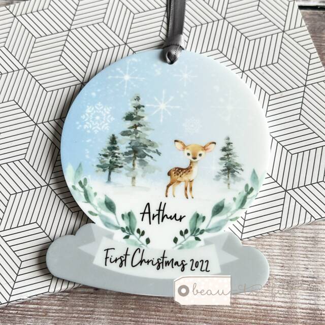 Personalised 1st Christmas Baby Babies Baby's First Woodland Deer Design Acrylic Snowglobe Ornament Keepsake Boy Gift Child - image 1