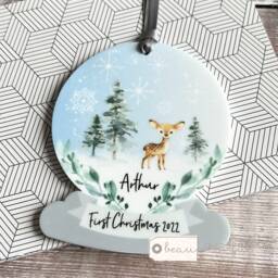 Personalised 1st Christmas Baby Babies Baby's First Woodland Deer Design Acrylic Snowglobe Ornament Keepsake Boy Gift Child - thumbnail 1