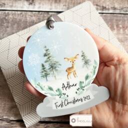 Personalised 1st Christmas Baby Babies Baby's First Woodland Deer Design Acrylic Snowglobe Ornament Keepsake Boy Gift Child - thumbnail 3