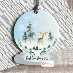 Personalised 1st Christmas Baby Babies Baby's First Woodland Deer Design Acrylic Snowglobe Ornament Keepsake Boy Gift Child - thumbnail 2