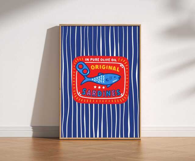 Retro Sardines Wall Art Print - Mediterranean Fish Illustration, Bold Stripes Kitchen Decor, Mid Century Style Food Art, Blue Red Poster - image 1