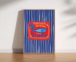 Retro Sardines Wall Art Print - Mediterranean Fish Illustration, Bold Stripes Kitchen Decor, Mid Century Style Food Art, Blue Red Poster - thumbnail 1