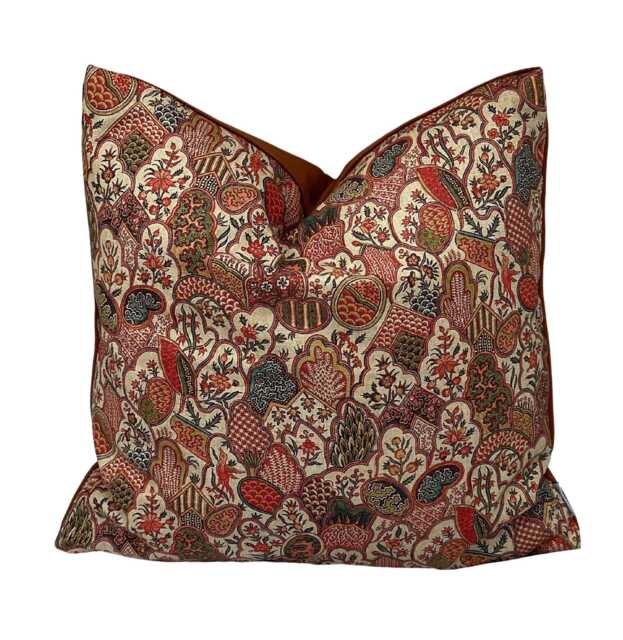Botanical Print Cushion Cover Saffron Bloom Cotton & Velvet, Handmade - image 1