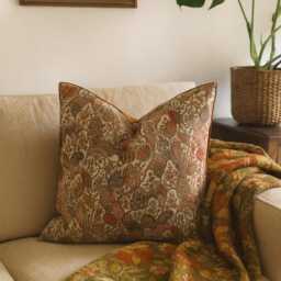Botanical Print Cushion Cover Saffron Bloom Cotton & Velvet, Handmade - thumbnail 2