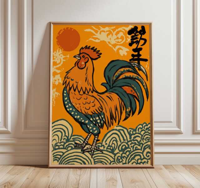 Japanese Rooster Wall Art, Oriental Folk Print, Vibrant Animal Poster, Symbolic Year Of Decor, Bold Orange Artwork, Asian Home Art - image 1