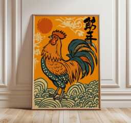 Japanese Rooster Wall Art, Oriental Folk Print, Vibrant Animal Poster, Symbolic Year Of Decor, Bold Orange Artwork, Asian Home Art - thumbnail 1