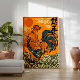 Japanese Rooster Wall Art, Oriental Folk Print, Vibrant Animal Poster, Symbolic Year Of Decor, Bold Orange Artwork, Asian Home Art - thumbnail 3
