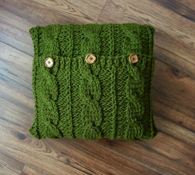 Hand Knitted Cable Knit Pillow Cover Dark Green Accent With Wooden Buttons - 16x16 - image 1