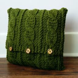 Hand Knitted Cable Knit Pillow Cover Dark Green Accent With Wooden Buttons - 16x16 - thumbnail 4