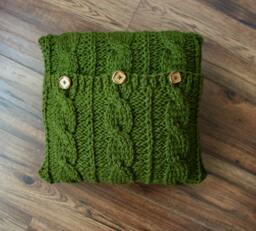 Hand Knitted Cable Knit Pillow Cover Dark Green Accent With Wooden Buttons - 16x16