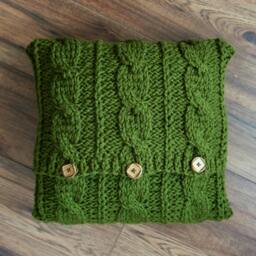Hand Knitted Cable Knit Pillow Cover Dark Green Accent With Wooden Buttons - 16x16 - thumbnail 2