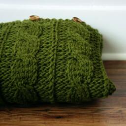 Hand Knitted Cable Knit Pillow Cover Dark Green Accent With Wooden Buttons - 16x16 - thumbnail 3