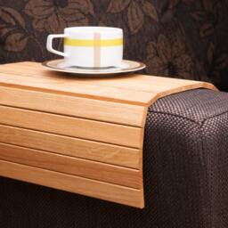 Natural Oak Sofa Side Tray Table - Adjustable Wood Armrest Soft & Sturdy Wooden Surface For Coffee, Snacks, Meals - thumbnail 2