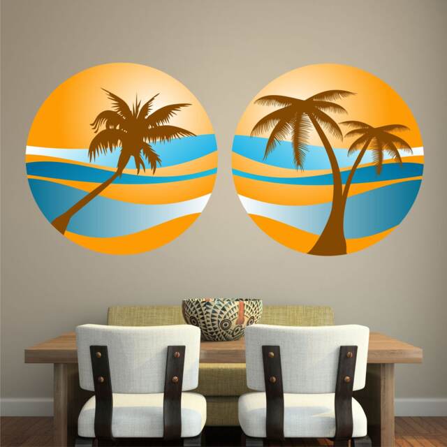 Palm Tree Sunset 2 Pack Wall Sticker Decal Holiday Paradise Beach Tropical Retro Art Mural - image 1