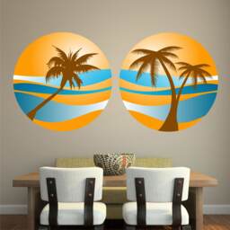 Palm Tree Sunset 2 Pack Wall Sticker Decal Holiday Paradise Beach Tropical Retro Art Mural - thumbnail 1