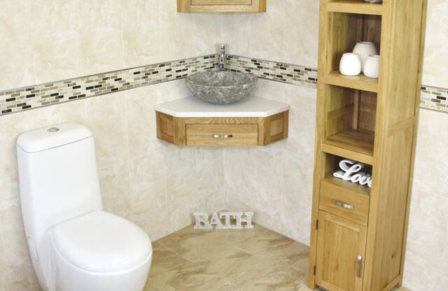 Bathroom Vanity Unit Oak Corner Wash Stand White Quartz & Stone Basin 501Wwqsbc - image 1