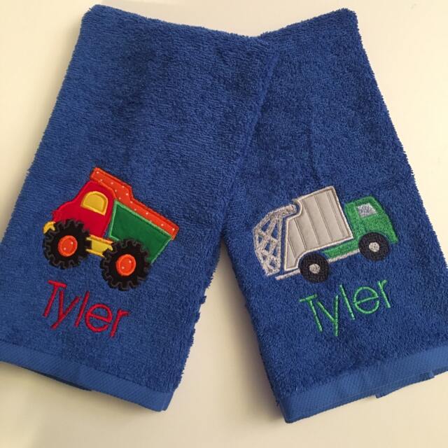 Two - 2 Construction Or Transportation Bathroom Hand Towels - Decor Dump Truck Cement Truck Garbage Monster - image 1