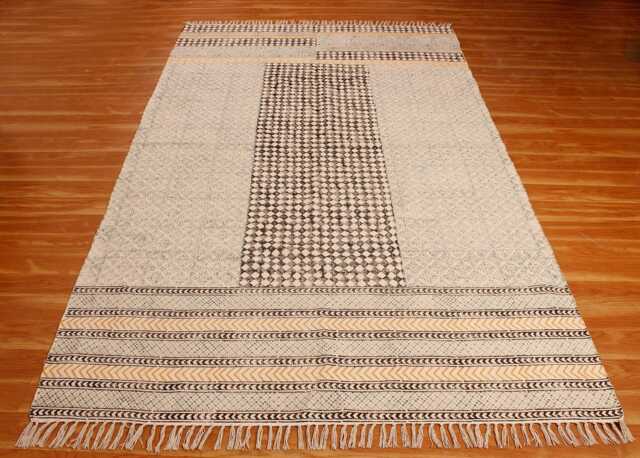 Indian Handmadecotton Dhurrie Rug 5x8 Large Block Print Bohemian 5x8 Feet - image 1