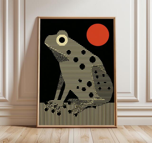 Minimalist Frog Poster, Abstract Geometric Wall Art, Red Eyes Modern Design, Black & Cream Bauhaus Style Print, Contemporary Home Decor - image 1
