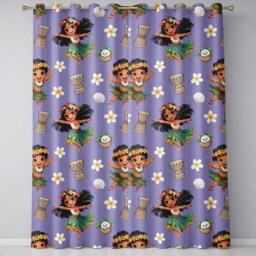Cute Hula Girl Purple Background Tropical Flowers Coconut Seamless Pattern Readymade Eyelet Ring Top Thermal 100% Blackout Curtains - thumbnail 2