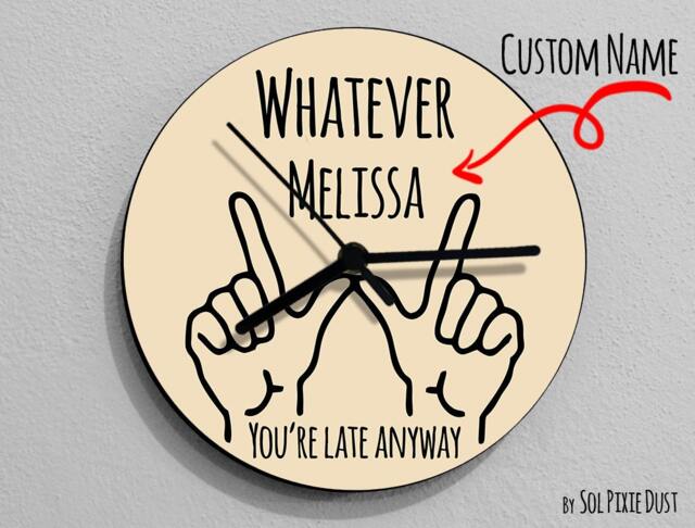Custom Name Whatever, You're Late Anyway , Hand Symbol/Round Beige - Wall Clock - image 1