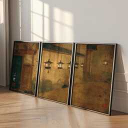Kyoto Temple Corridor Art - Warm Ochre & Brown Tones Japanese Lantern Wall Poster Set - thumbnail 2
