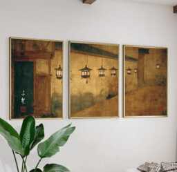 Kyoto Temple Corridor Art - Warm Ochre & Brown Tones Japanese Lantern Wall Poster Set - thumbnail 1