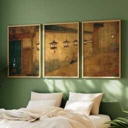 Kyoto Temple Corridor Art - Warm Ochre & Brown Tones Japanese Lantern Wall Poster Set - thumbnail 3