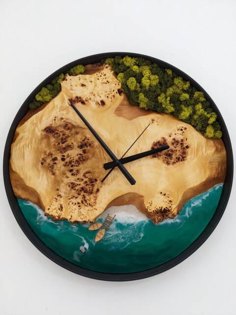 Scandinavian Moss Wall Clock Resin Wood Art, Handmade Wooden Clock - 20'' - image 1
