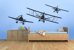3 Airplanes Set Wall Decals - Removable Vinyl Graphics For Boys Bedroom Decor, Flying Military, Many Colors - thumbnail 1
