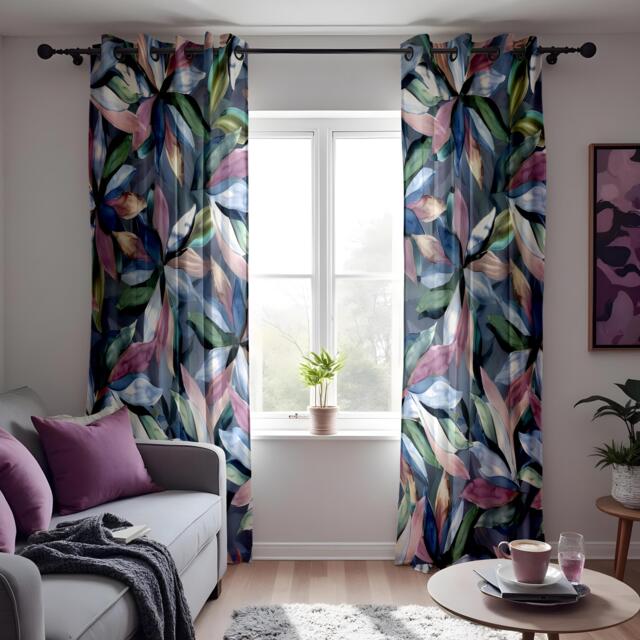Watercolor Botanical Leaf Curtains, Soft Blue & Pastel Floral Drapes, Colorful Flower Window Treatment, Custom Length Panel Curtains - image 1