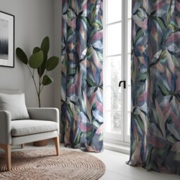 Watercolor Botanical Leaf Curtains, Soft Blue & Pastel Floral Drapes, Colorful Flower Window Treatment, Custom Length Panel Curtains - thumbnail 2