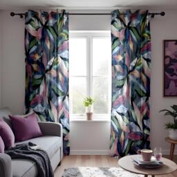 Watercolor Botanical Leaf Curtains, Soft Blue & Pastel Floral Drapes, Colorful Flower Window Treatment, Custom Length Panel Curtains - thumbnail 1