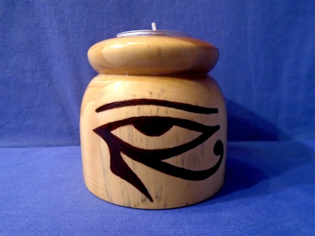 Handmade & Pyrographed Wooden Tea-Light Holder With The Eye Of Horus An Ancient Egyptian Symbol